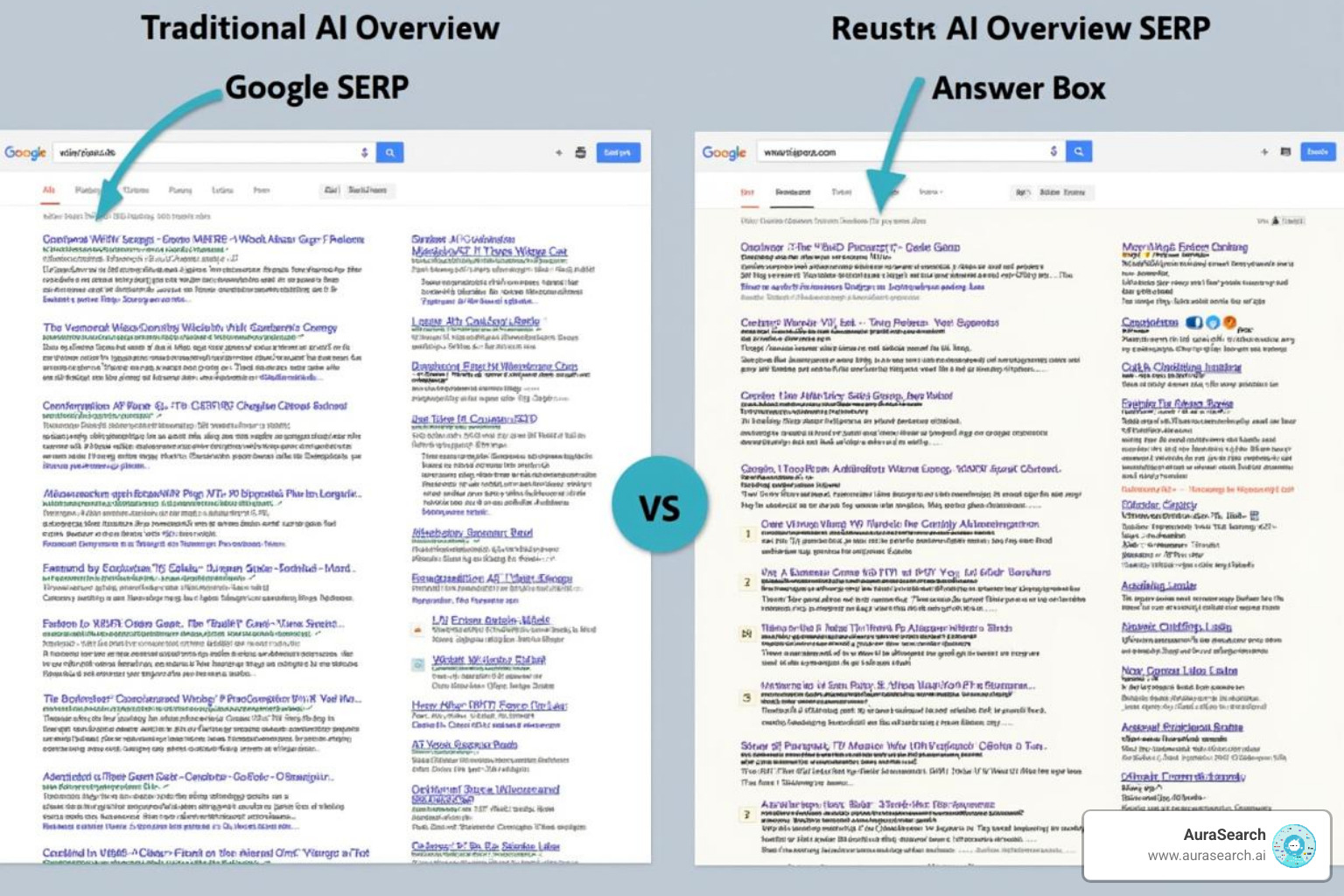 Image comparing a traditional Google SERP with an AI Overview SERP - ai content optimization strategies