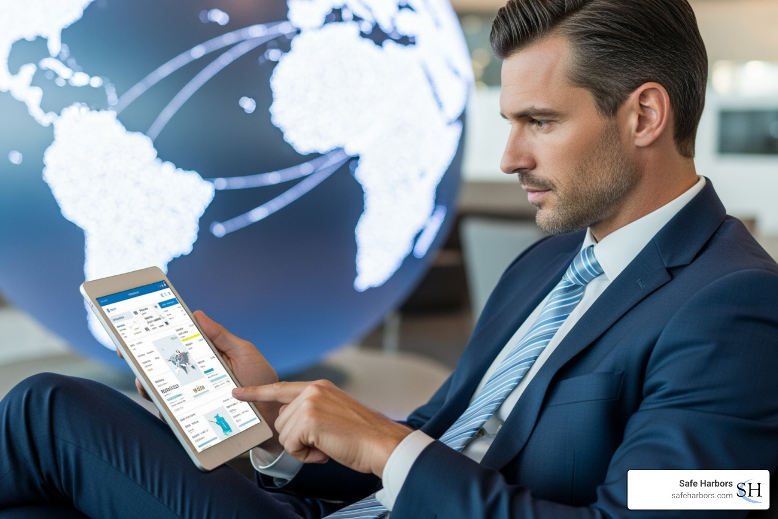 business professional using a tablet to manage travel with a globe in the background - corporate global travel technology