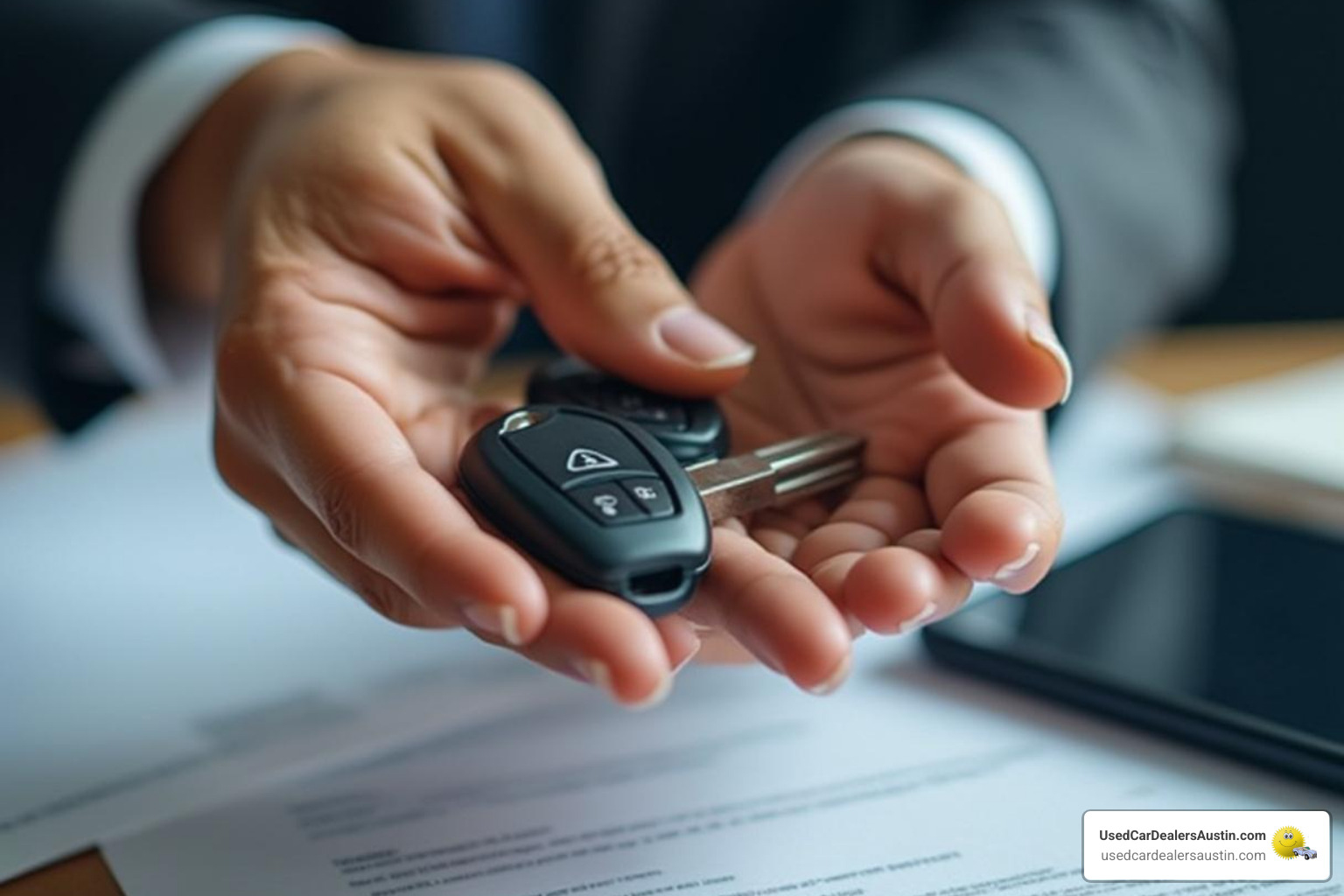 contract and car keys being exchanged over a desk - bhph