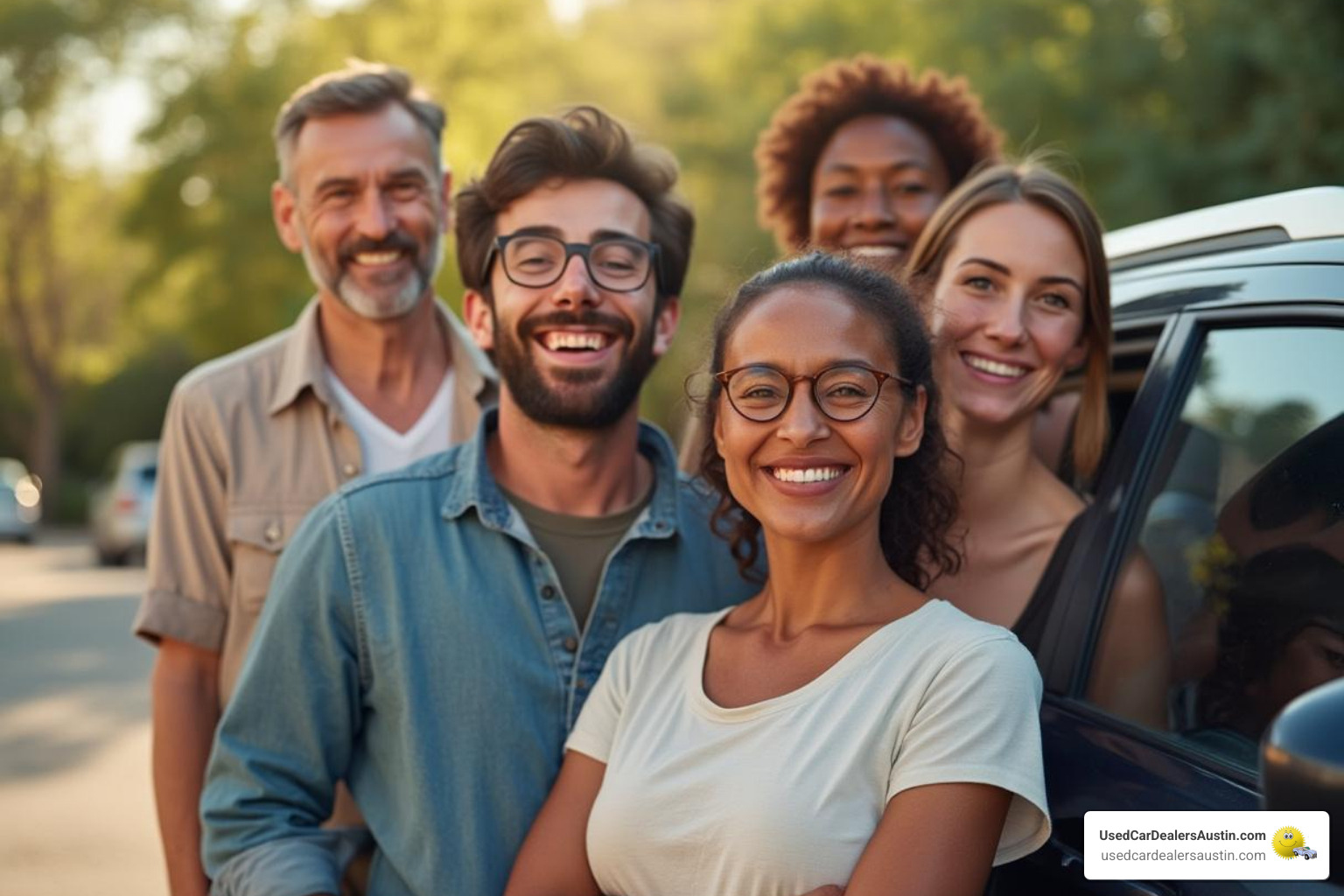 diverse group of happy people with a car - bhph