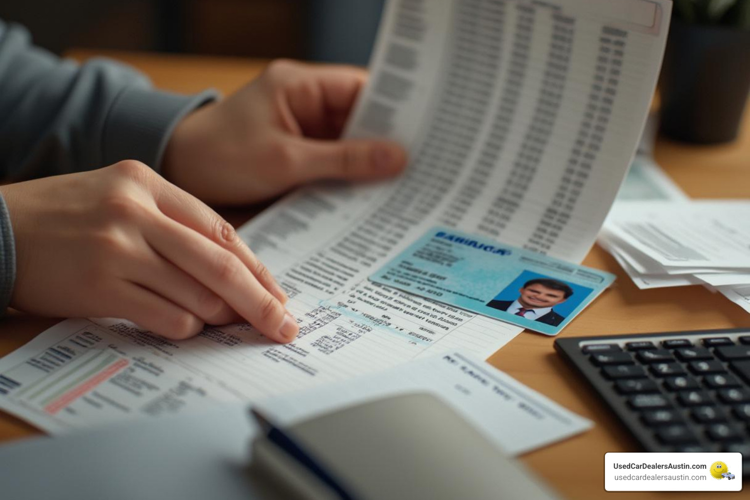 person organizing documents like pay stubs and a driver's license - in house financing car dealers austin tx