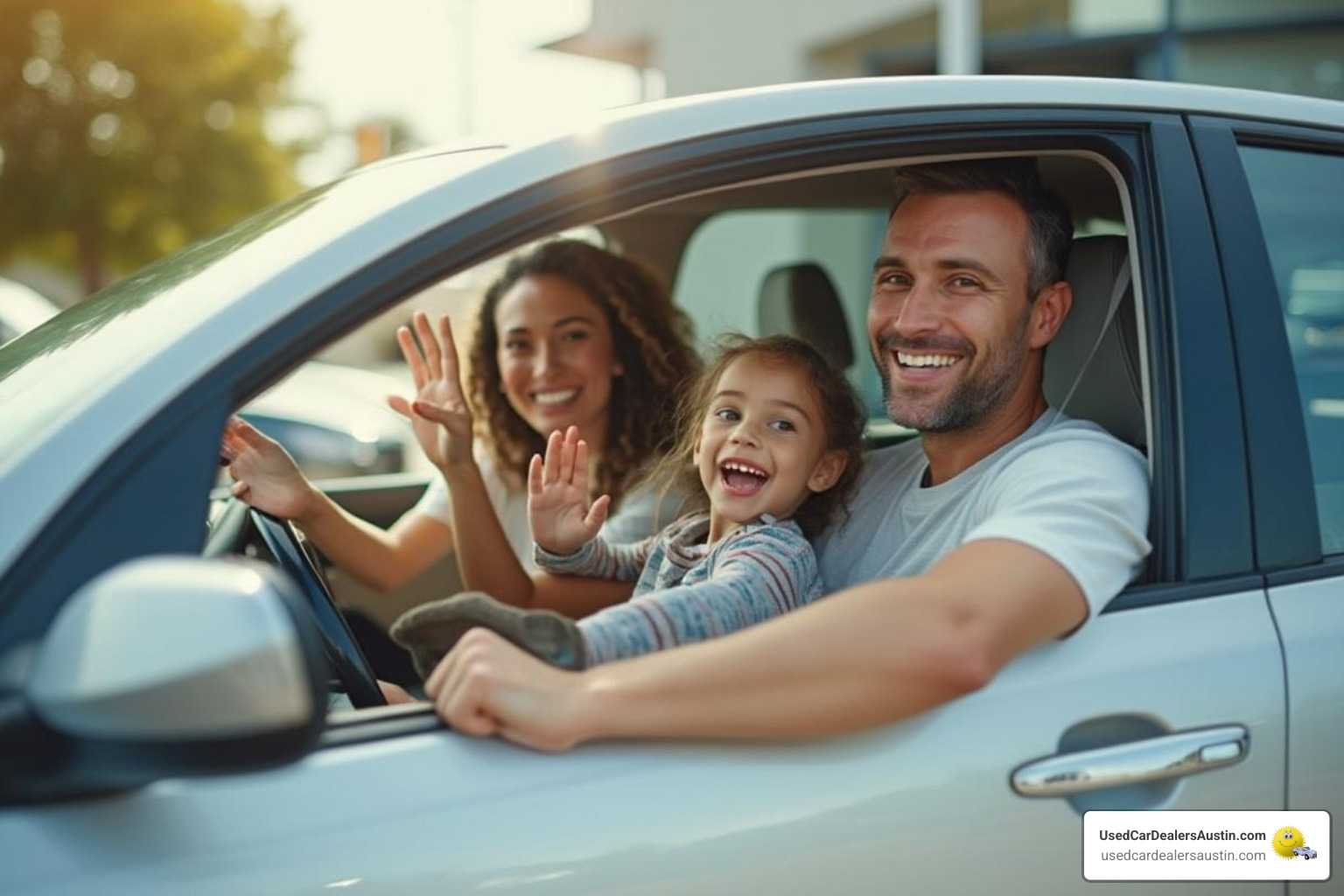 happy family driving away in their newly purchased used car - in house financing car dealers austin tx