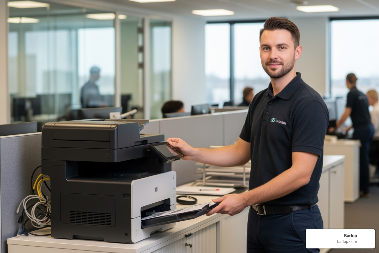 friendly technician setting up A3 printer in office - a3 printer rental