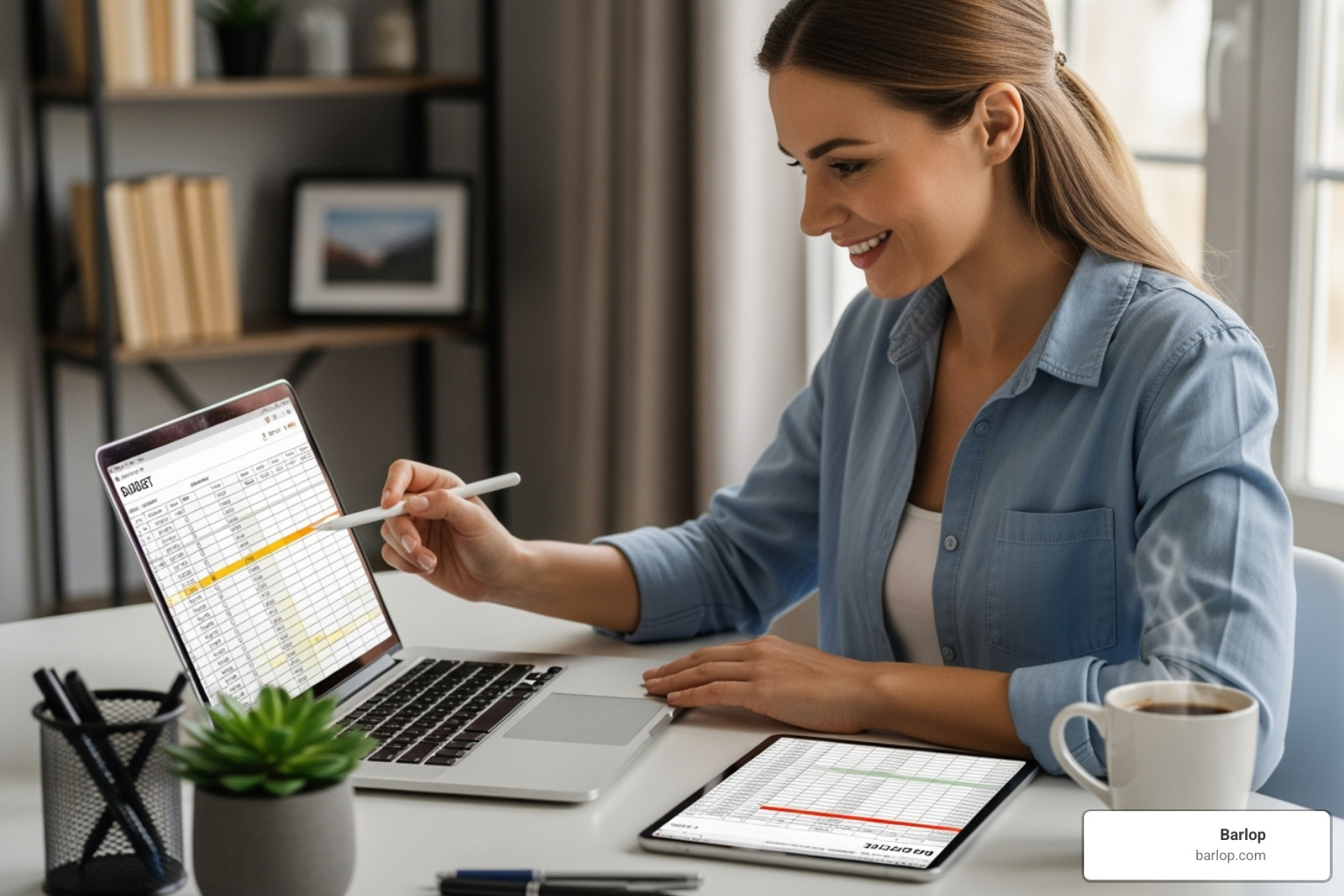 small business owner smiling at budget spreadsheet - a3 printer rental