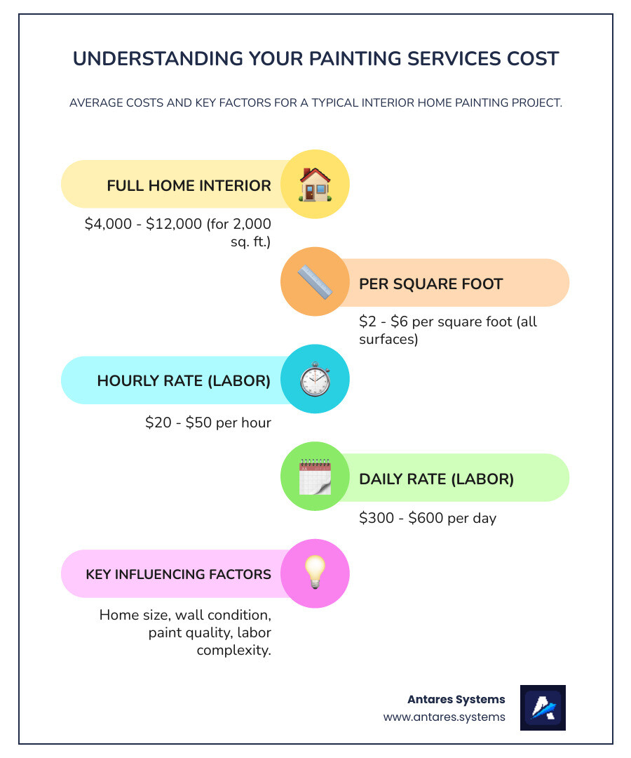 Infographic detailing average interior painting costs by square foot, room type, hourly and daily rates, and key influencing factors like prep work, paint quality, and labor. - Painting services cost infographic infographic-line-5-steps-colors