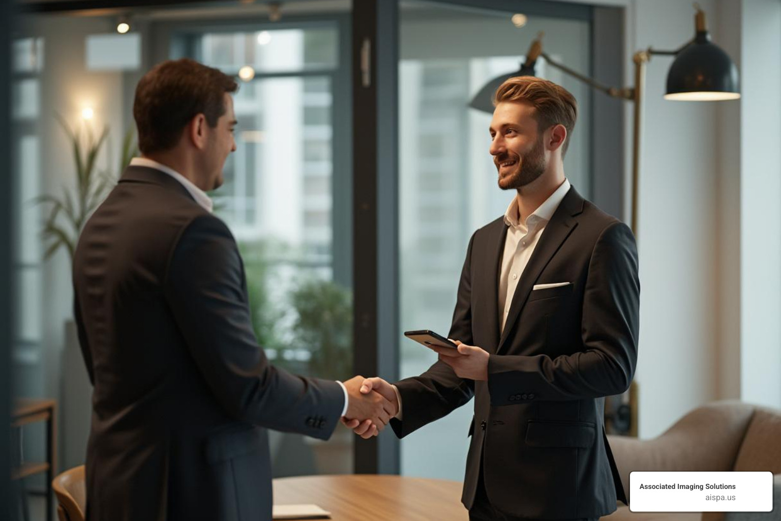 Business owner shaking hands with service provider in Philadelphia office - copier leasing Philadelphia