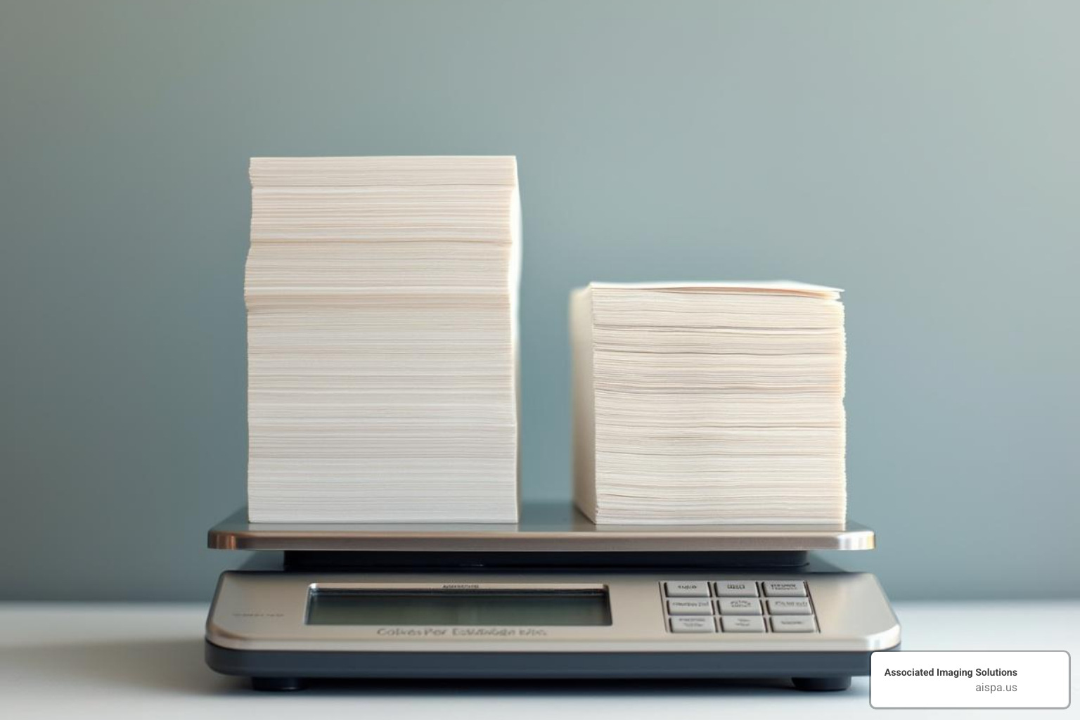 A scale comparing a stack of 20 lb paper to a smaller stack of 100 lb cardstock, illustrating the difference in paper weight - hard paper for printer A scale comparing a stack of 20 lb paper to a smaller stack of 100 lb cardstock, illustrating the difference in paper weight - hard paper for printer