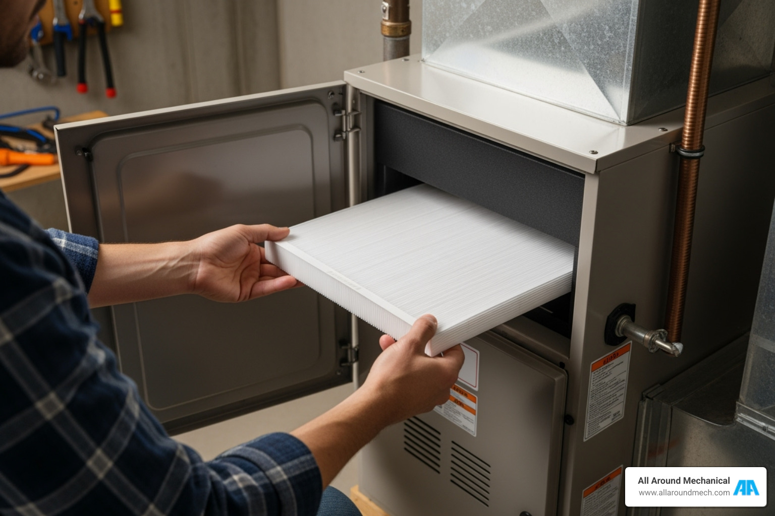 homeowner easily sliding a new, clean filter into a furnace - furnace tune up