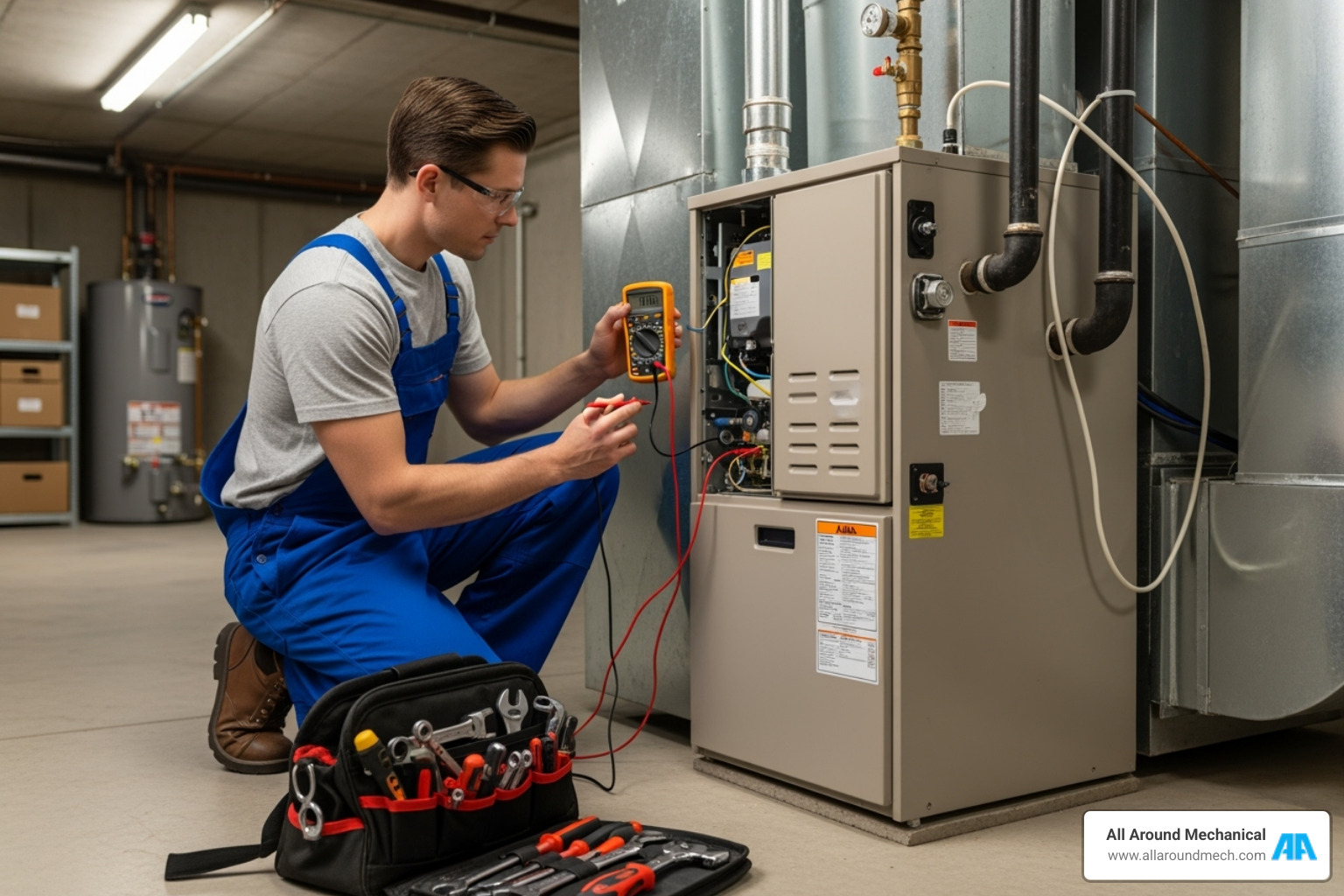 technician safely inspecting a furnace - furnace tune up