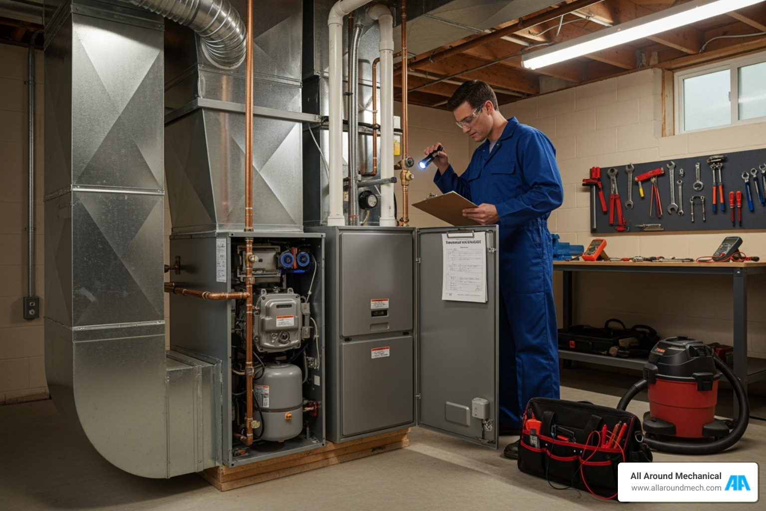 homeowner looking quizzically at their thermostat - furnace tune up