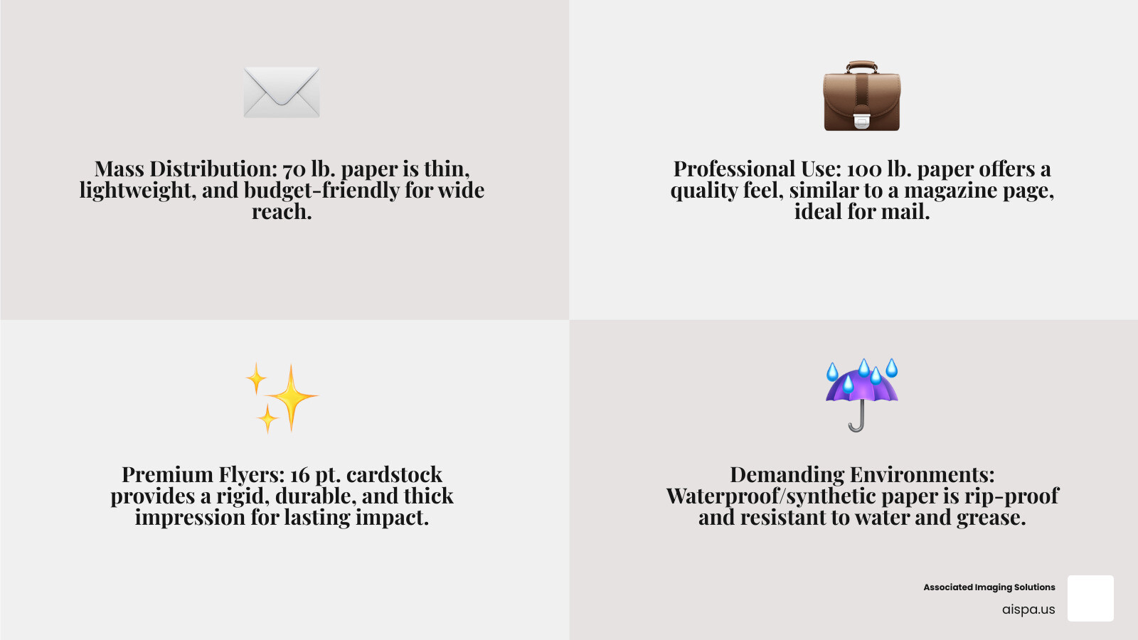 Infographic summarizing best paper choices for flyers based on purpose, weight, and finish - best paper for flyers infographic 4_facts_emoji_grey