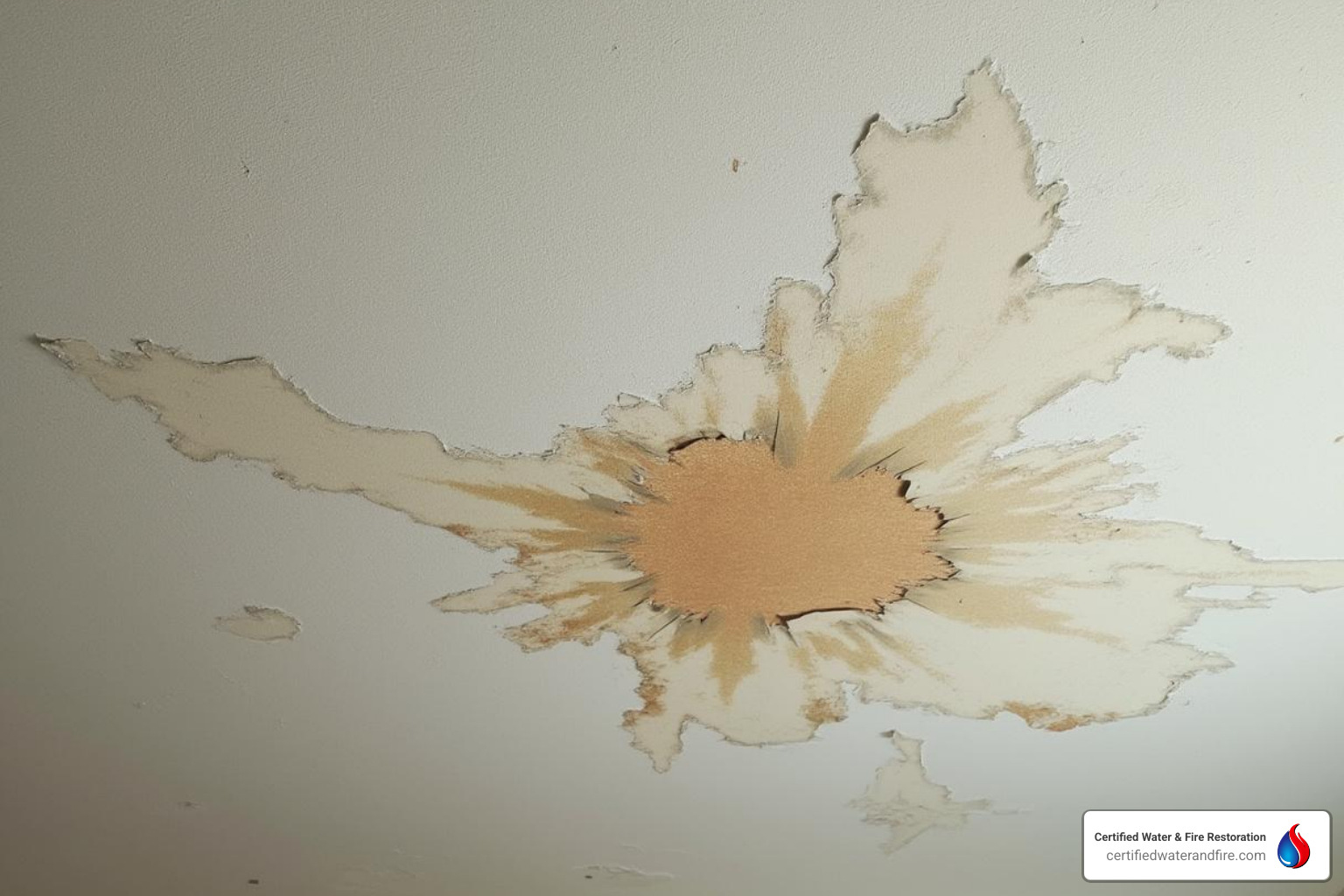 A close-up of peeling paint and a brown water stain on a ceiling - bathroom leaks through ceiling cost