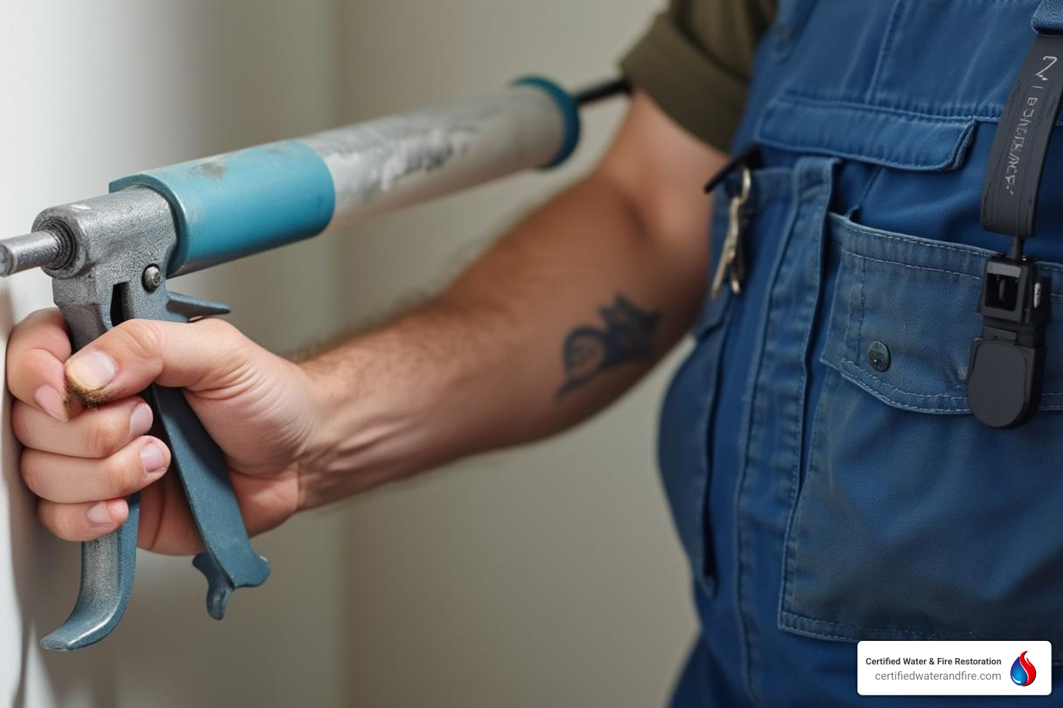 A simple DIY caulk gun with a professional water restoration technician in uniform - bathroom leaks through ceiling cost