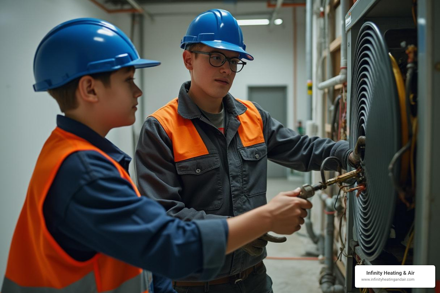An apprentice learning from a journeyperson on a job site - Certified HVAC technicians