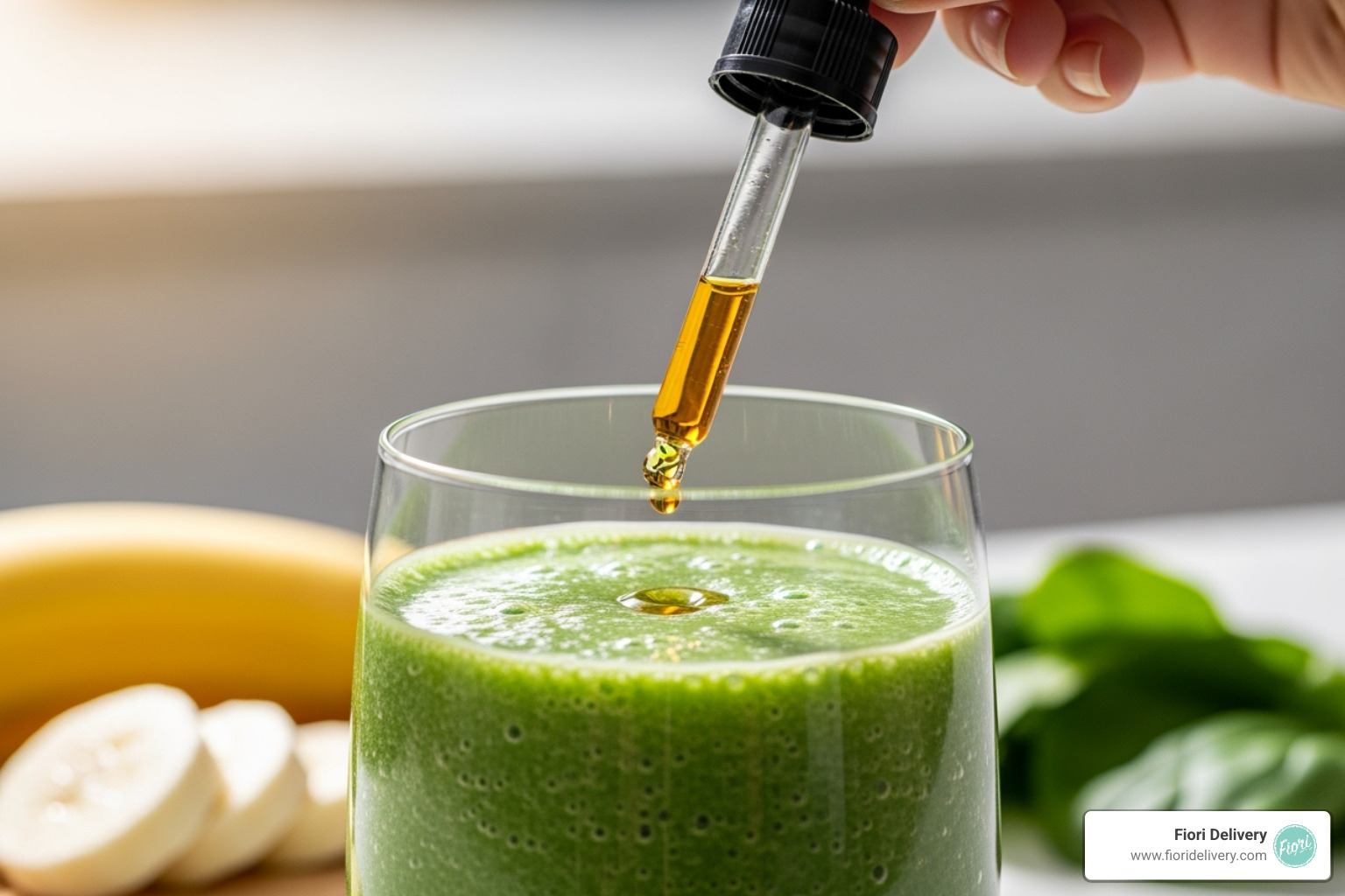 A dropper adding tincture to a smoothie - cannabis tincture effects