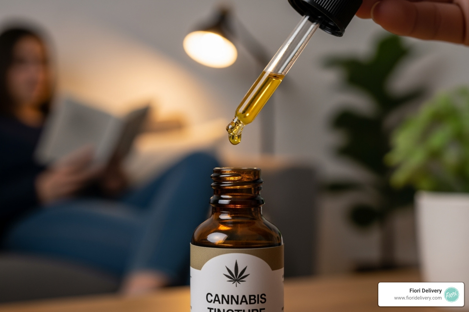 A tincture dropper releasing a drop of oil under a tongue - cannabis tincture effects