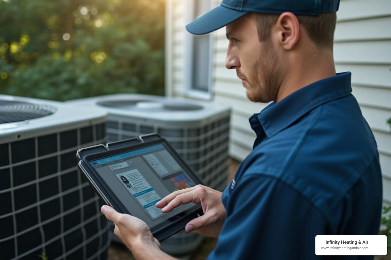A technician performing diagnostics with a tablet - Certified HVAC technicians