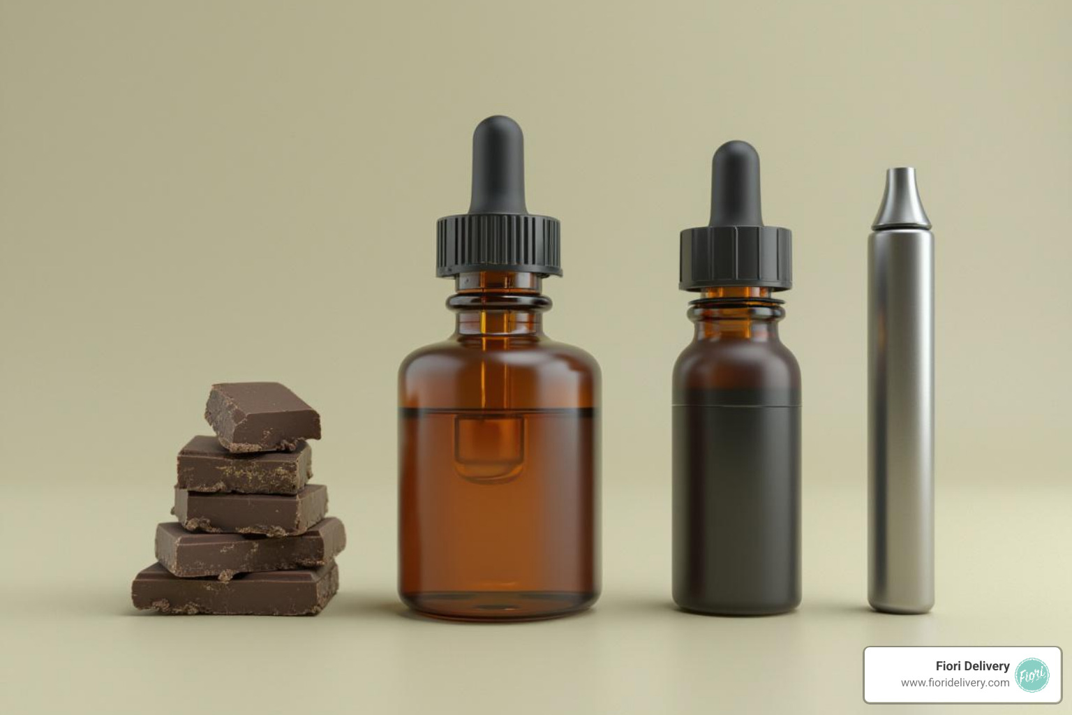 A tincture bottle next to a chocolate edible and a vape pen, highlighting the different forms - cannabis tincture effects