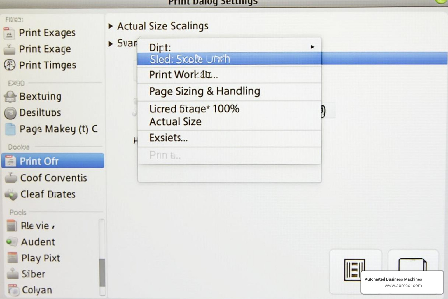 Print dialog box with "Actual size" or "100% scale" setting highlighted. - color print test page pdf