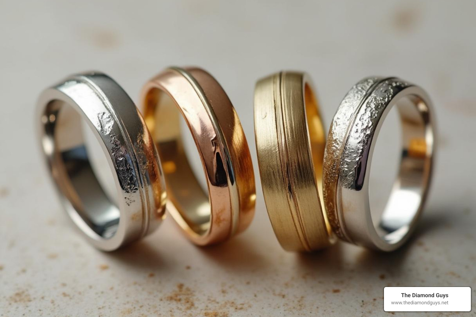 Four rings in platinum, yellow gold, rose gold, and white gold - custom 3 stone ring