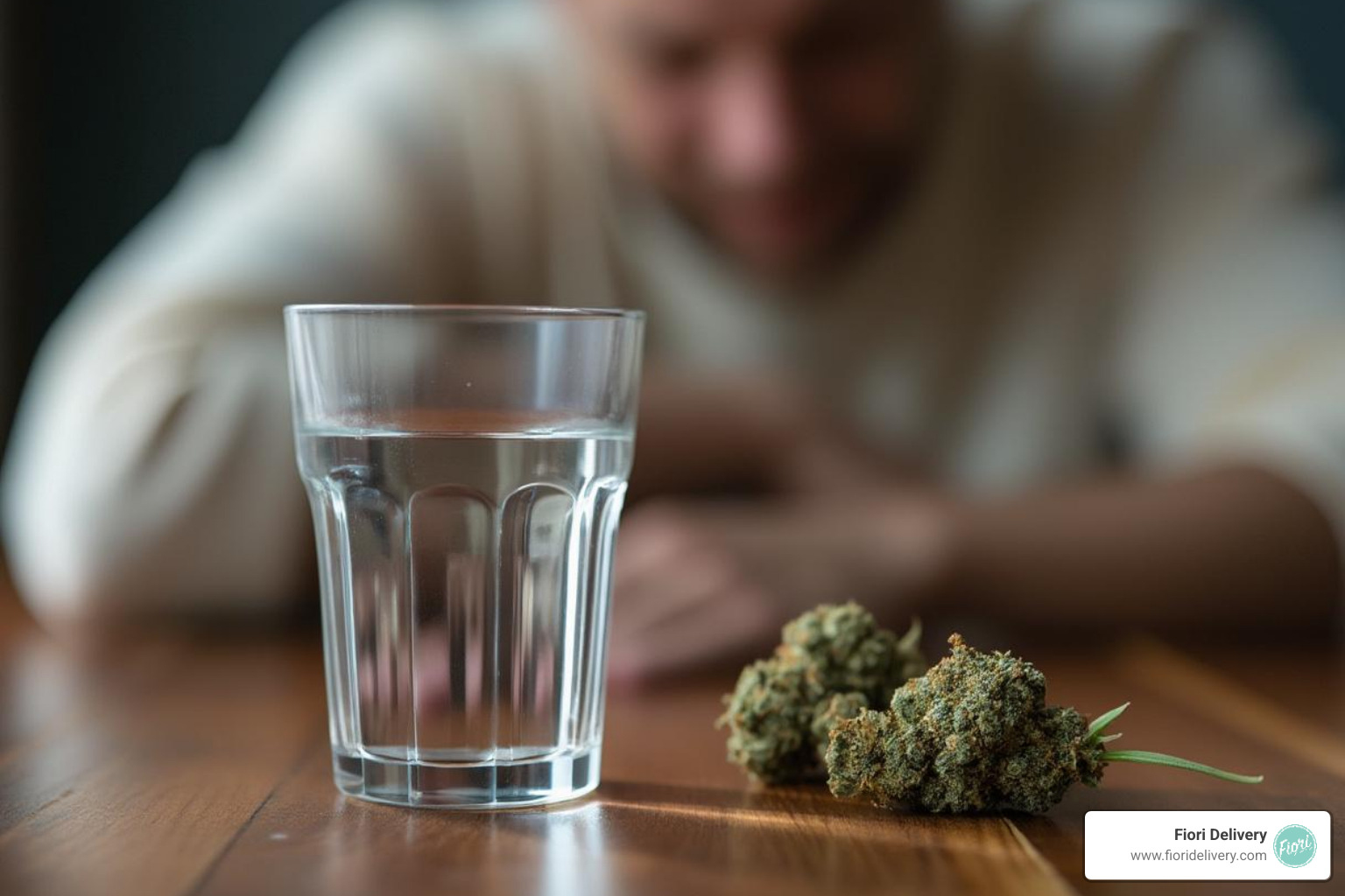 A glass of water for dry mouth and a person looking dizzy, illustrating common cannabis tincture side effects. - cannabis tincture side effects