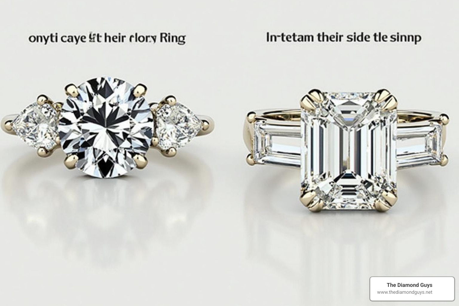 Different three-stone arrangements like round with pear sides, and emerald with baguette sides - custom 3 stone ring