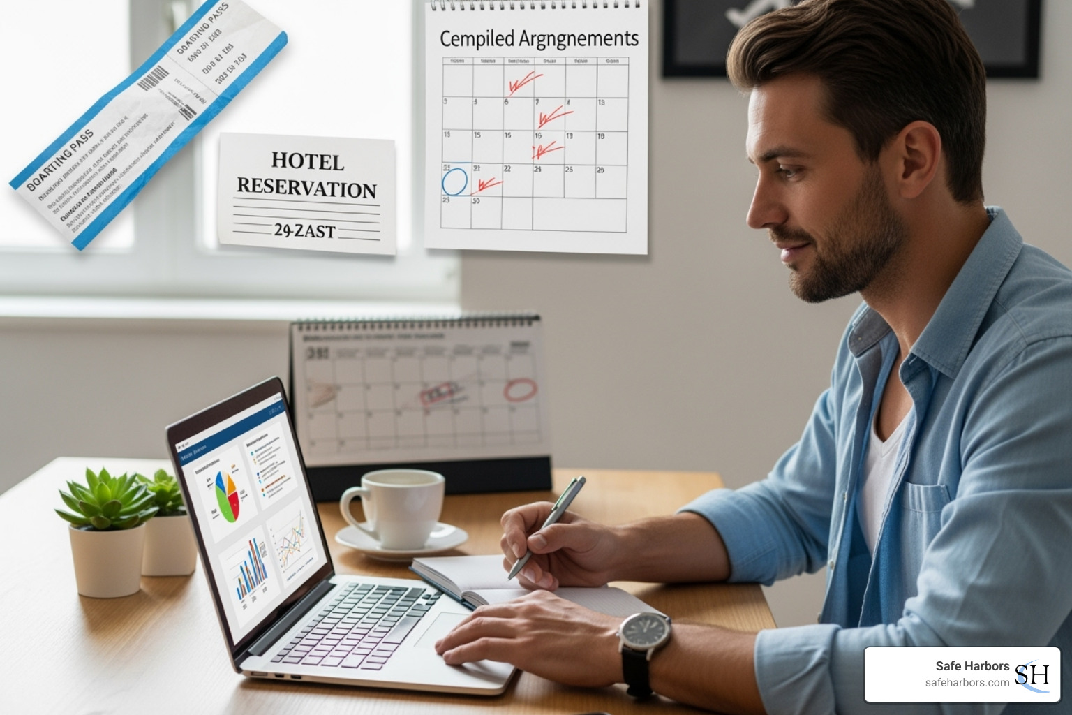 relaxed executive focusing on a presentation, with background elements suggesting handled tasks like tickets and reservations - Executive concierge service relaxed executive focusing on a presentation, with background elements suggesting handled tasks like tickets and reservations - Executive concierge service
