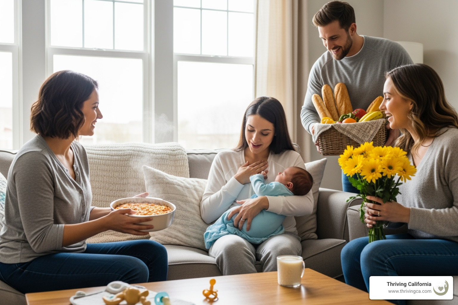 friends bringing new mom a meal - support for new moms