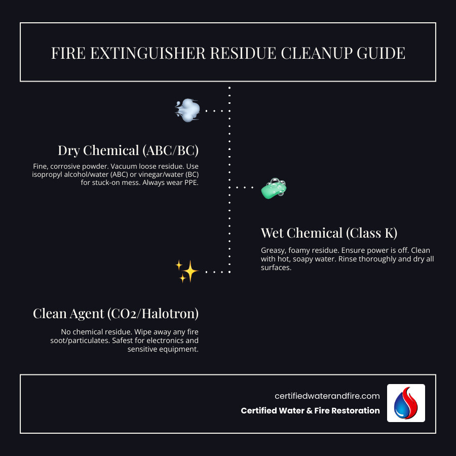 Infographic detailing cleanup methods for dry chemical, wet chemical, and clean agent fire extinguishers, including safety precautions and specific cleaning agents - Fire extinguisher cleanup infographic infographic-line-3-steps-dark