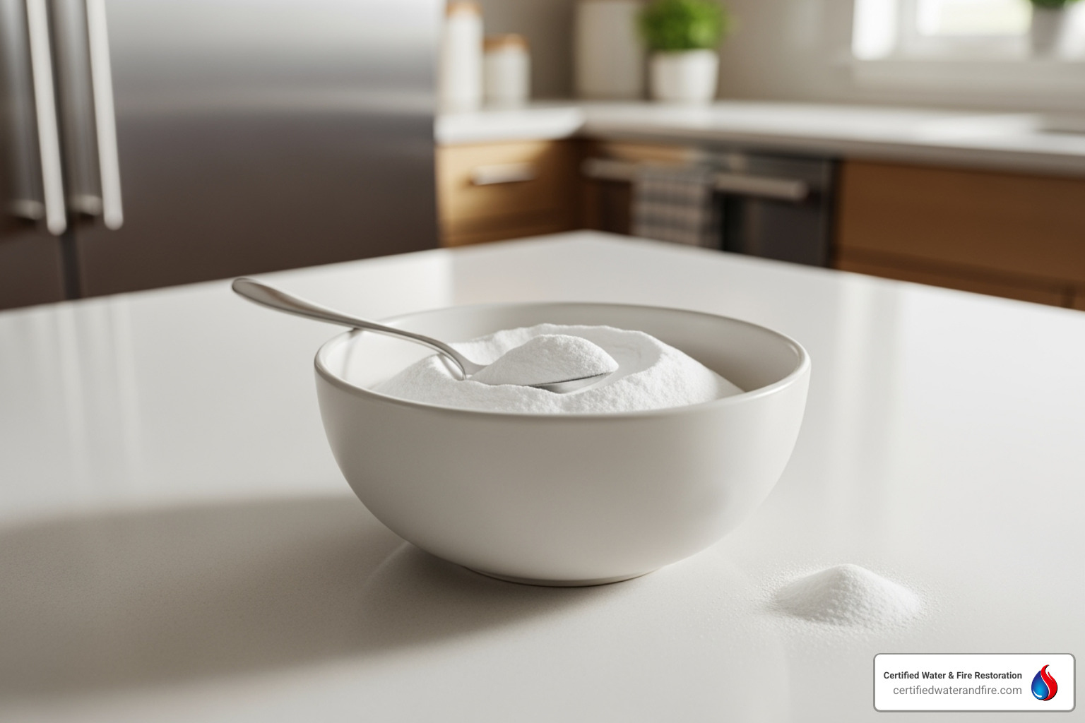 bowl of baking soda sitting on a counter in a clean kitchen - Fire extinguisher cleanup