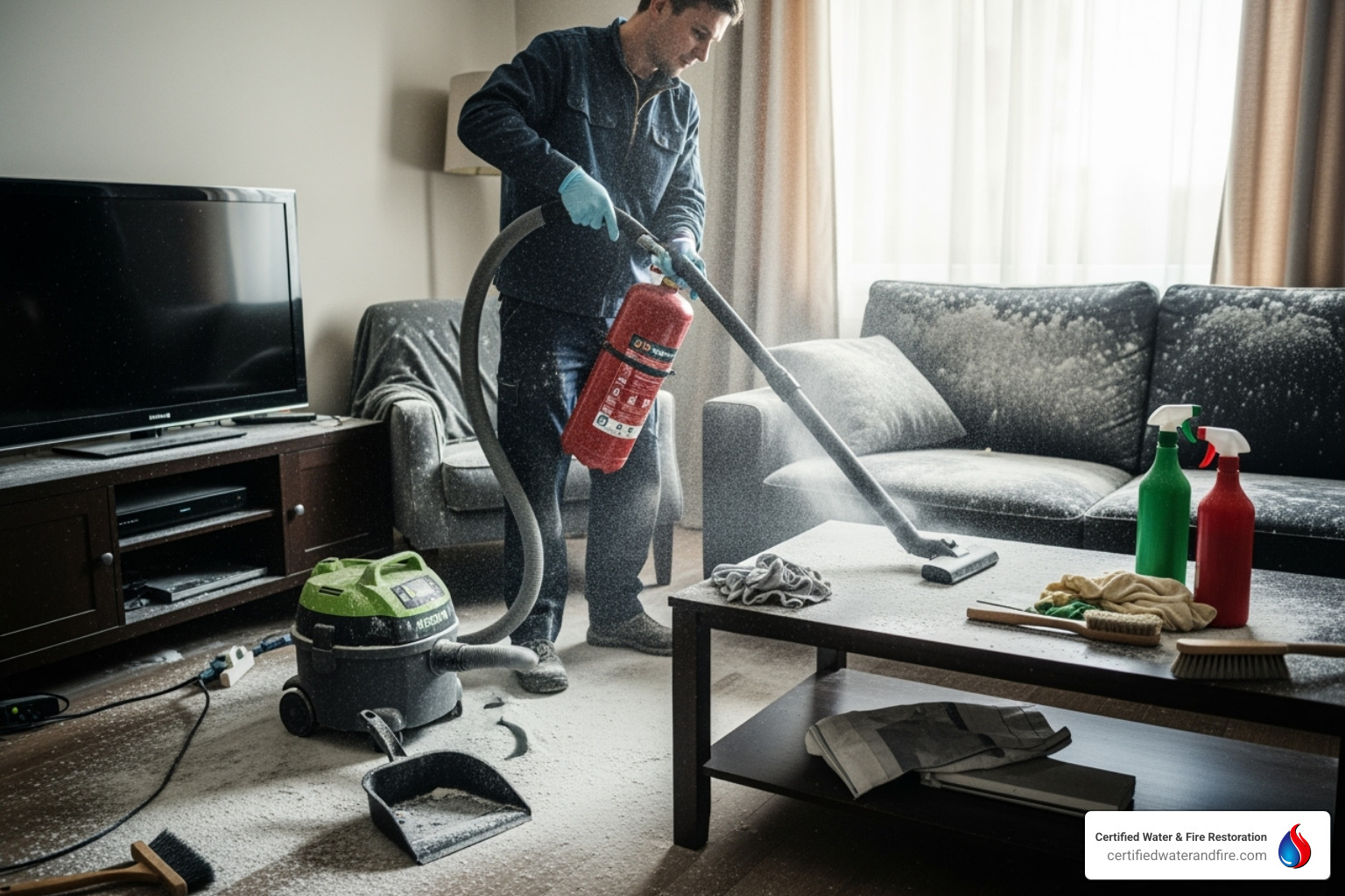 person wearing gloves, a mask, and safety goggles before starting to clean - Fire extinguisher cleanup