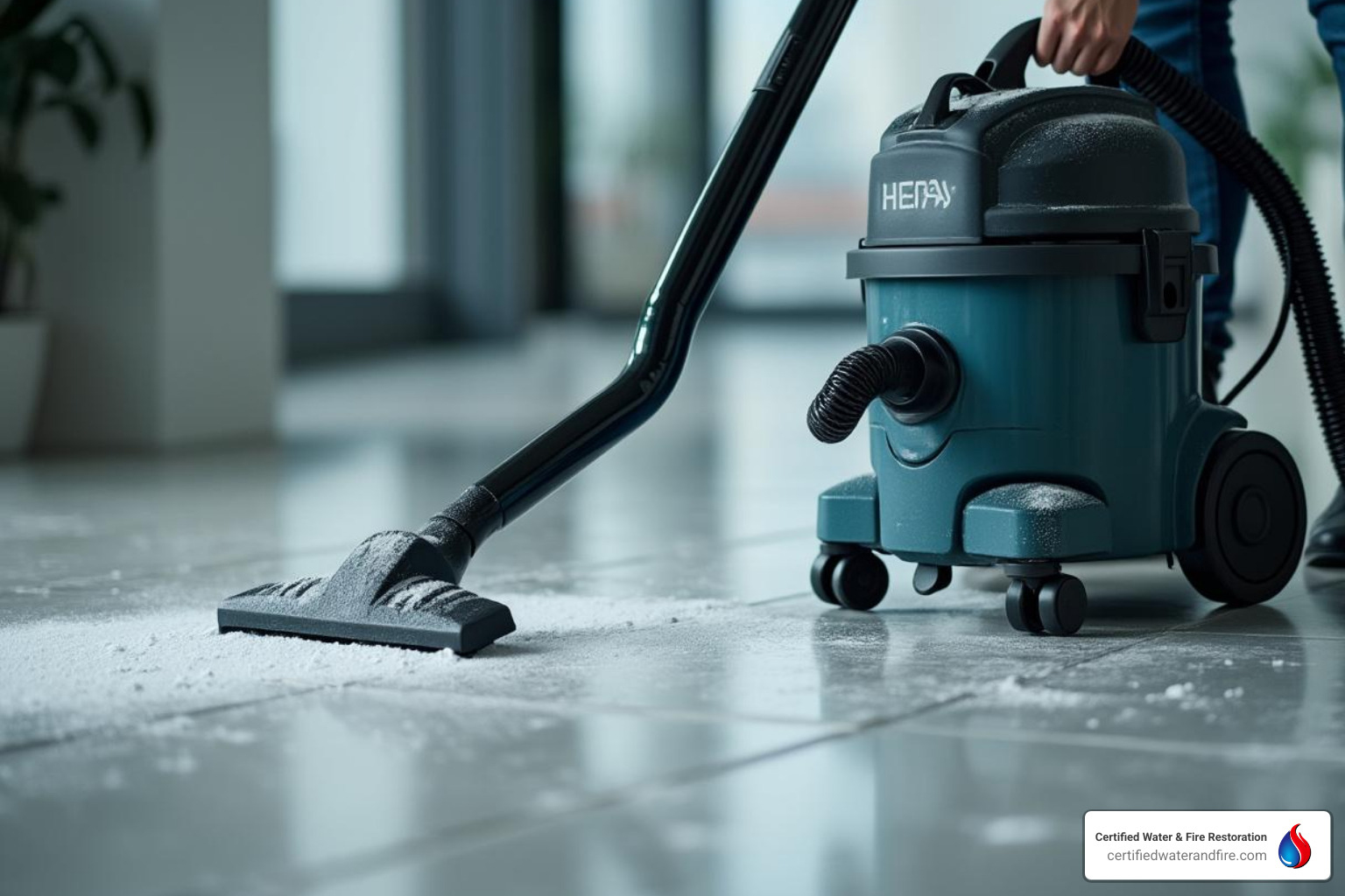 person using a HEPA vacuum to clean up white powder from a floor - Fire extinguisher cleanup