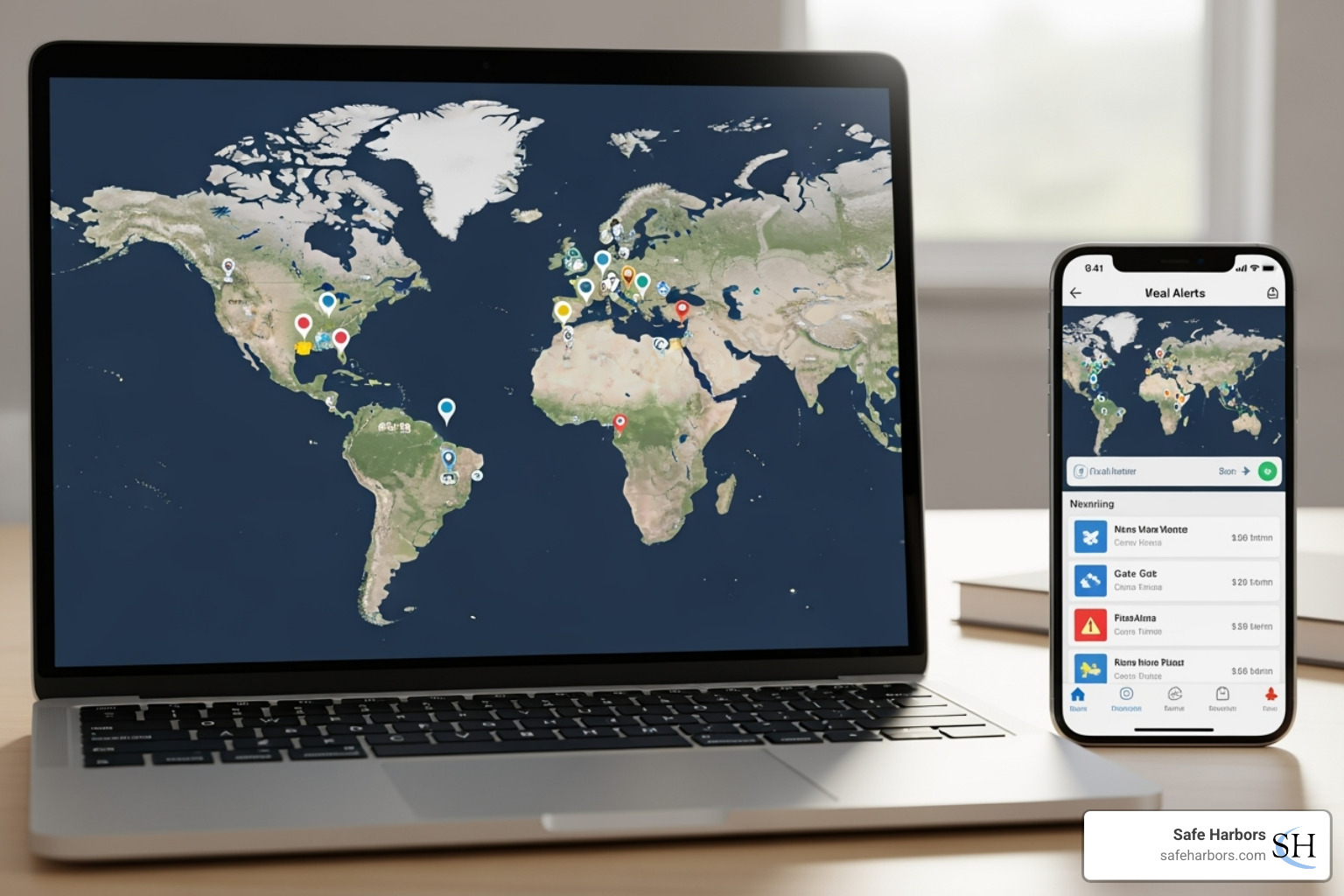 A travel management dashboard displayed on a laptop and phone, showing real-time traveler locations and alerts. - duty of care compliance
