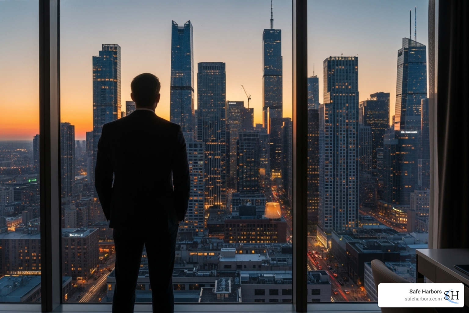 A business traveler looking out at a city skyline from a hotel room, symbolizing global assignments. - duty of care compliance
