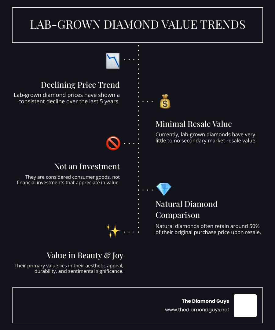 Simple line graph showing the declining price trend of lab-grown diamonds over the last 5 years - synthetic diamond price infographic infographic-line-5-steps-dark
