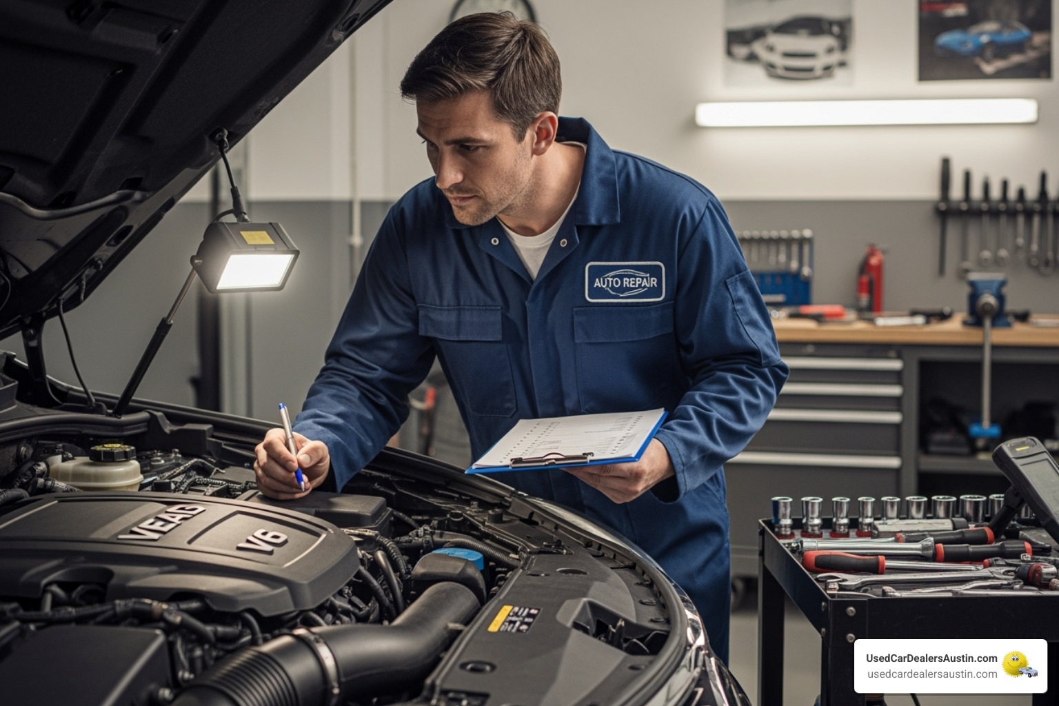 Person checking under the hood of a car with a checklist - Austin car buying