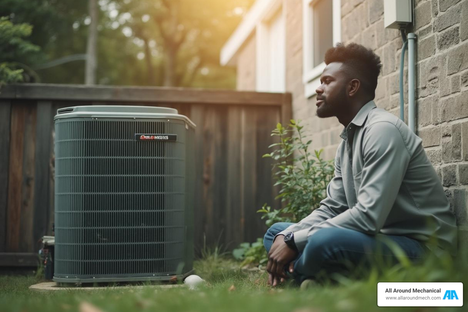 person calmly listening to outdoor heat pump unit - heat pump makes noise
