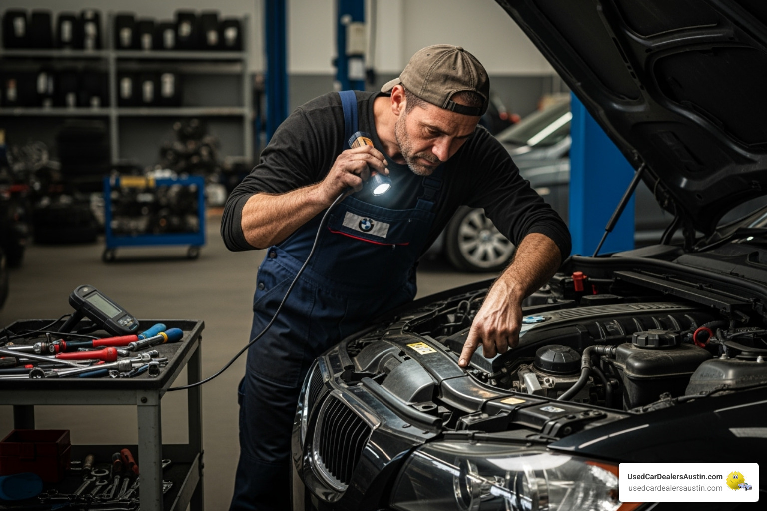 Mechanic performing a pre-purchase inspection on a used BMW engine bay - cheap bmw used cars for sale