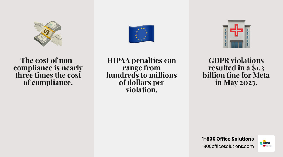 Infographic illustrating the financial impact of compliance versus non-compliance, with specific examples of fines for GDPR and HIPAA violations - compliance monitoring solutions infographic 3_facts_emoji_grey Infographic illustrating the financial impact of compliance versus non-compliance, with specific examples of fines for GDPR and HIPAA violations - compliance monitoring solutions infographic 3_facts_emoji_grey