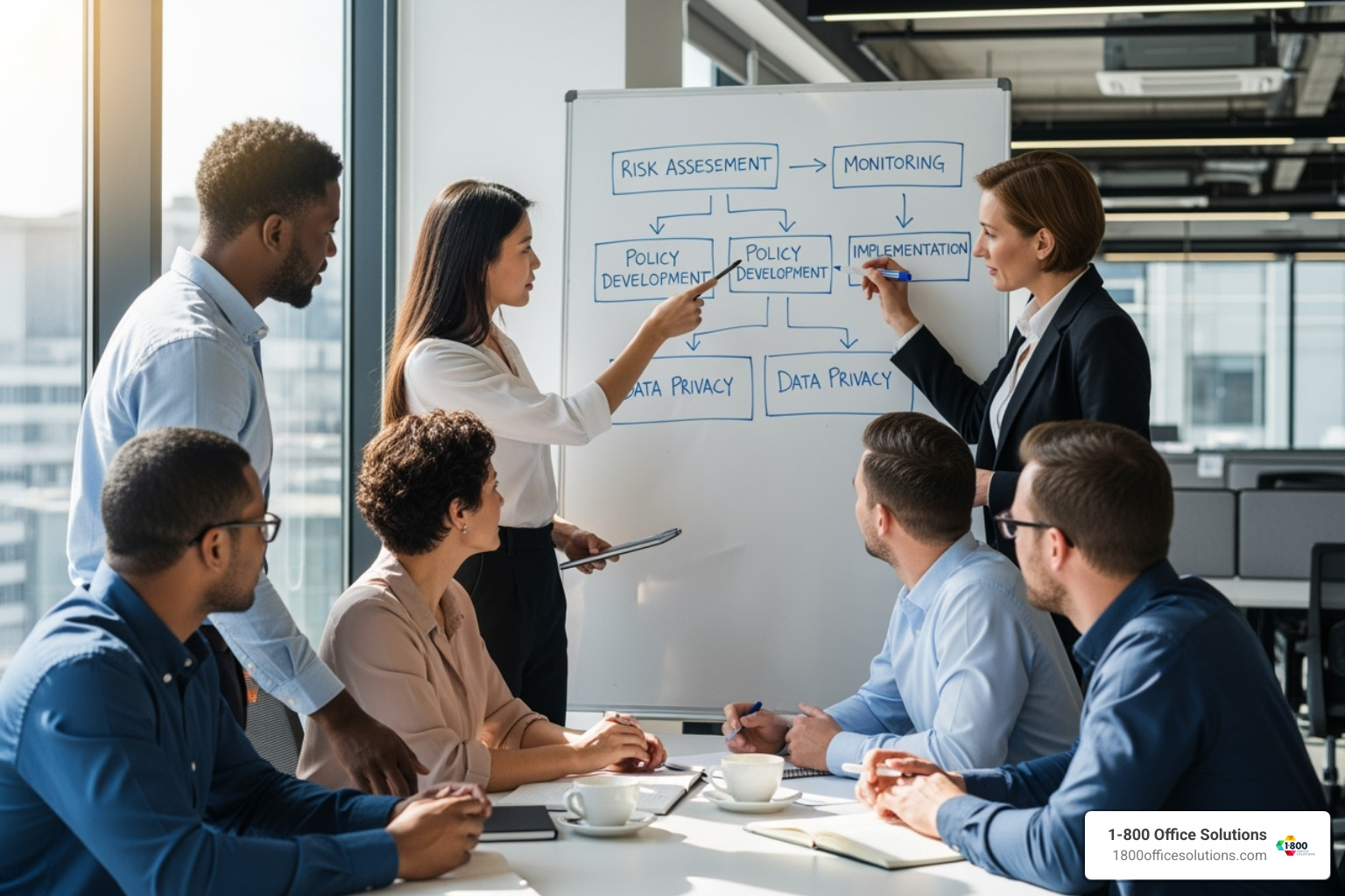 team collaborating around a whiteboard, planning a compliance strategy - compliance monitoring solutions team collaborating around a whiteboard, planning a compliance strategy - compliance monitoring solutions
