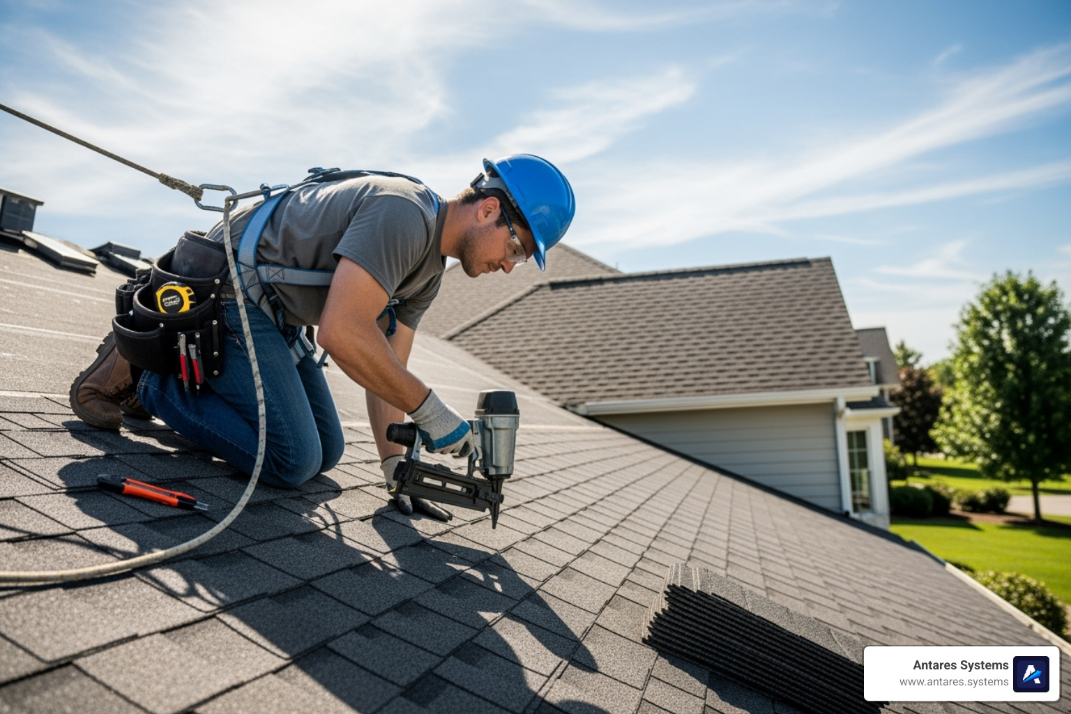professional roofer with safety gear installing shingles - Shingle replacement cost