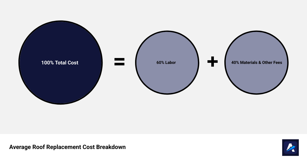 Infographic detailing the average shingle roof replacement cost breakdown, showing that labor accounts for approximately 60% of the total cost, while materials and other fees make up the remaining 40% - Shingle replacement cost infographic sum_of_parts