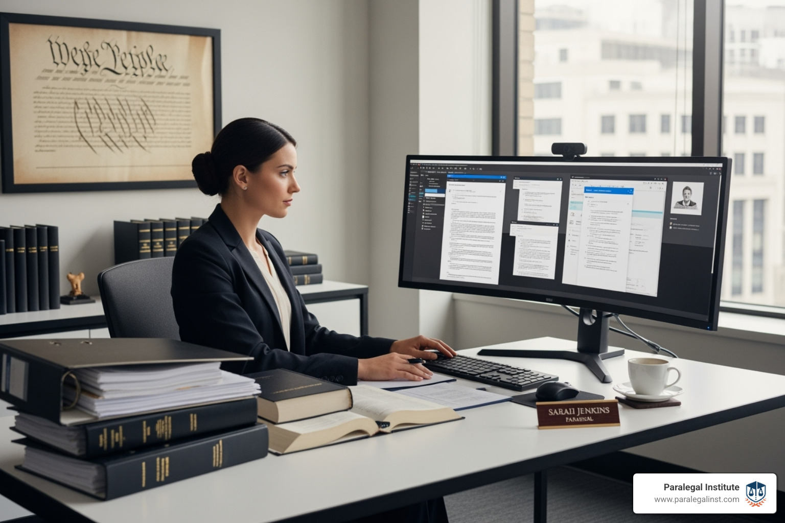 Image of a professional paralegal working in a modern law office - paralegal degree las vegas