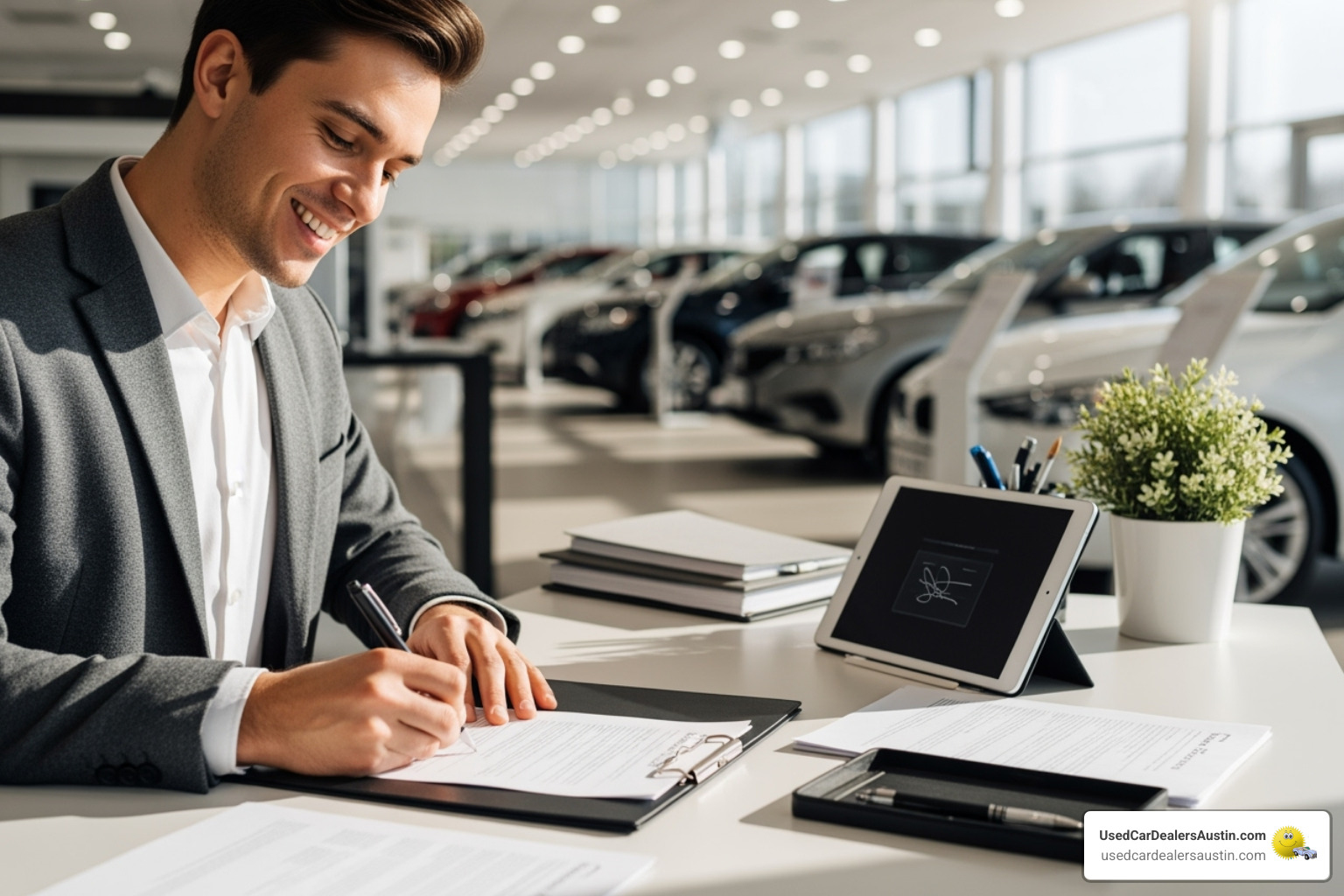 person smiling while signing financing paperwork at a dealership - certified pre-owned Austin