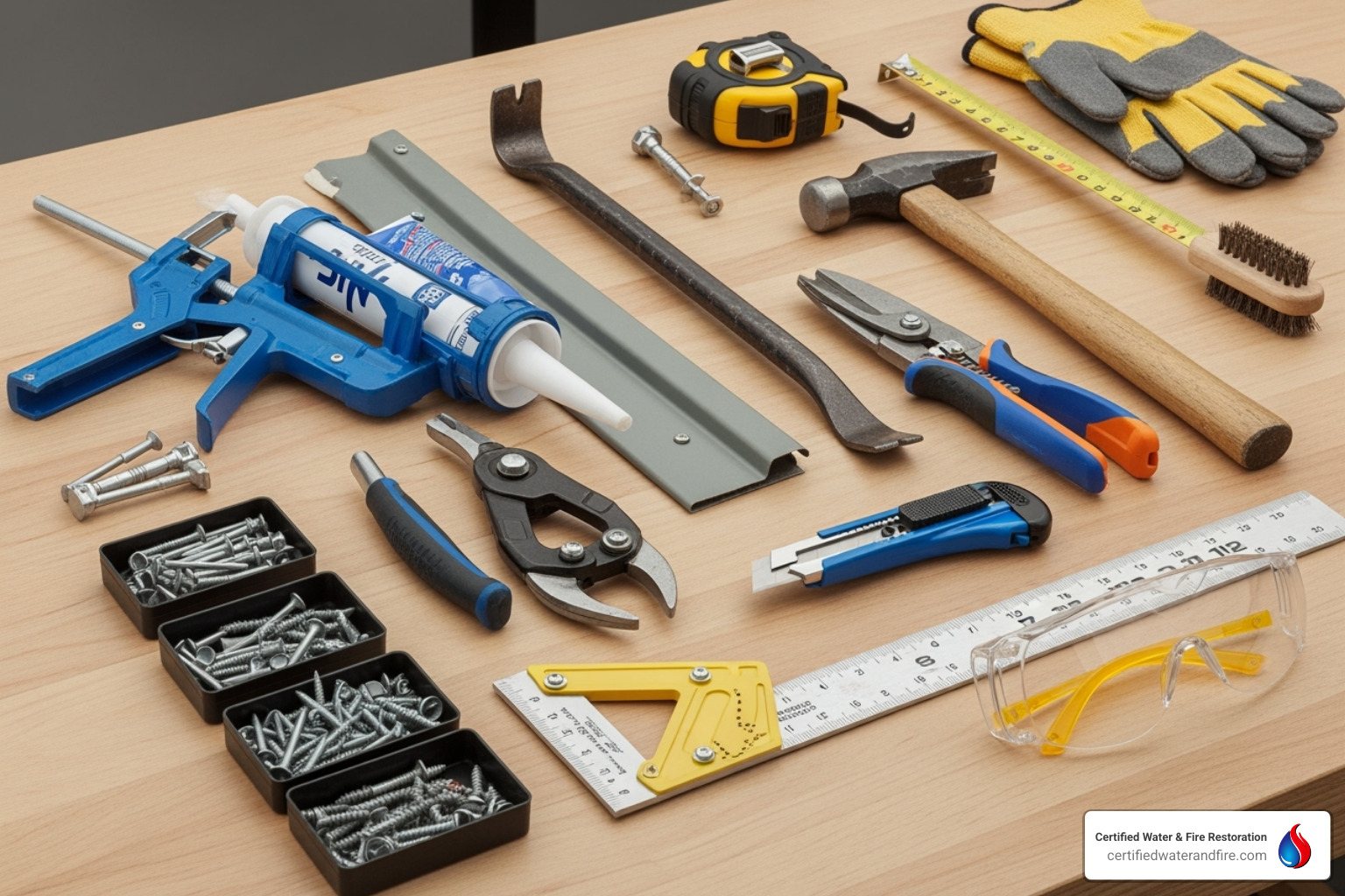 DIY tools laid out for siding repair - repair hail damage aluminum siding