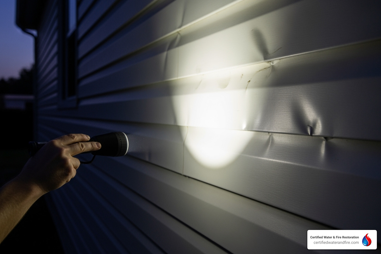 person inspecting siding with a flashlight at an angle to see dents - repair hail damage aluminum siding