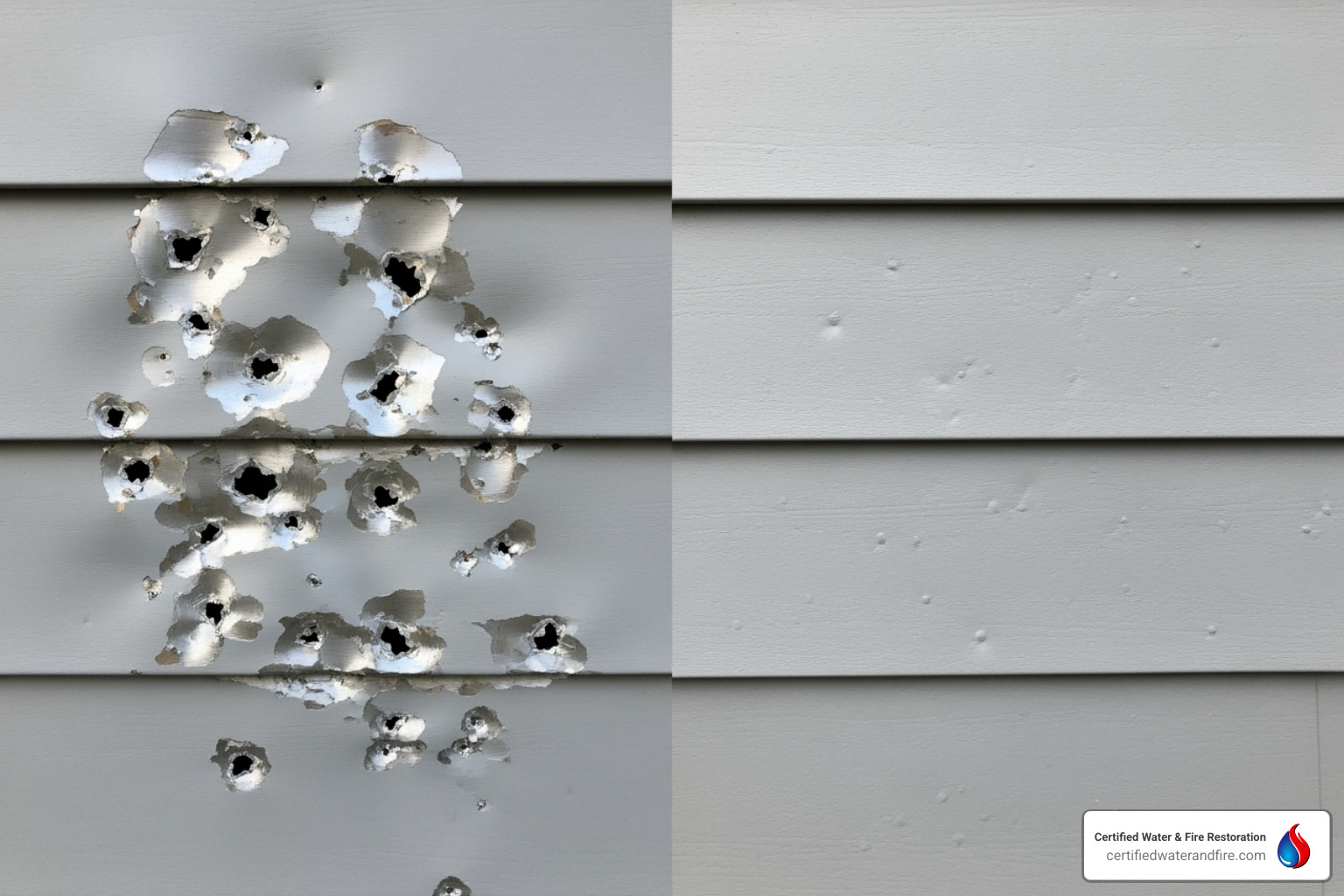 severely damaged siding panel next to one with minor dents - repair hail damage aluminum siding