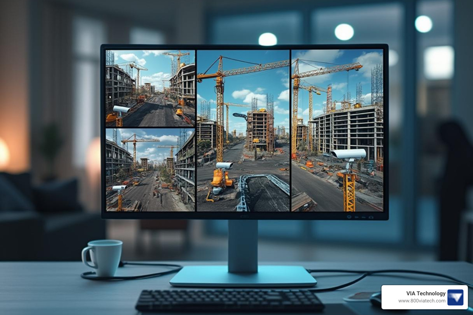 Image of a split-screen view showing multiple camera feeds from a construction site on a monitor. - 24 hour surveillance camera