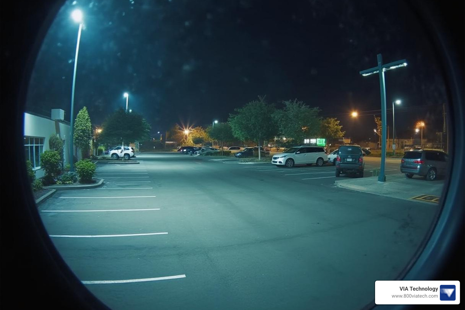 Image of a clear, color night vision image captured by a security camera in a low-light environment like a parking lot. - 24 hour surveillance camera