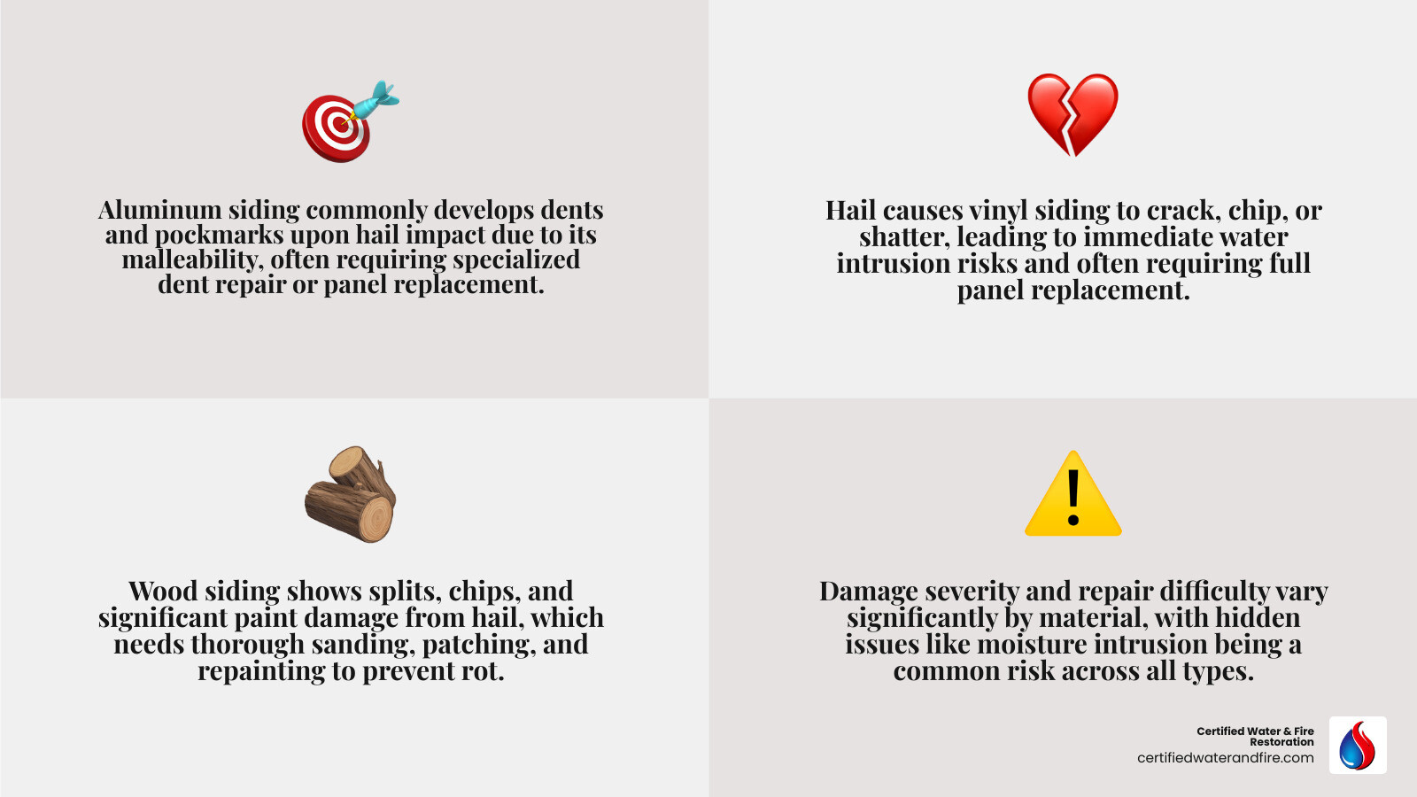 Infographic showing hail damage comparison between aluminum siding (showing dents and pockmarks), vinyl siding (showing cracks and holes), and wood siding (showing splits and paint damage), with severity indicators and repair difficulty levels for each material type - repair hail damage aluminum siding infographic 4_facts_emoji_grey